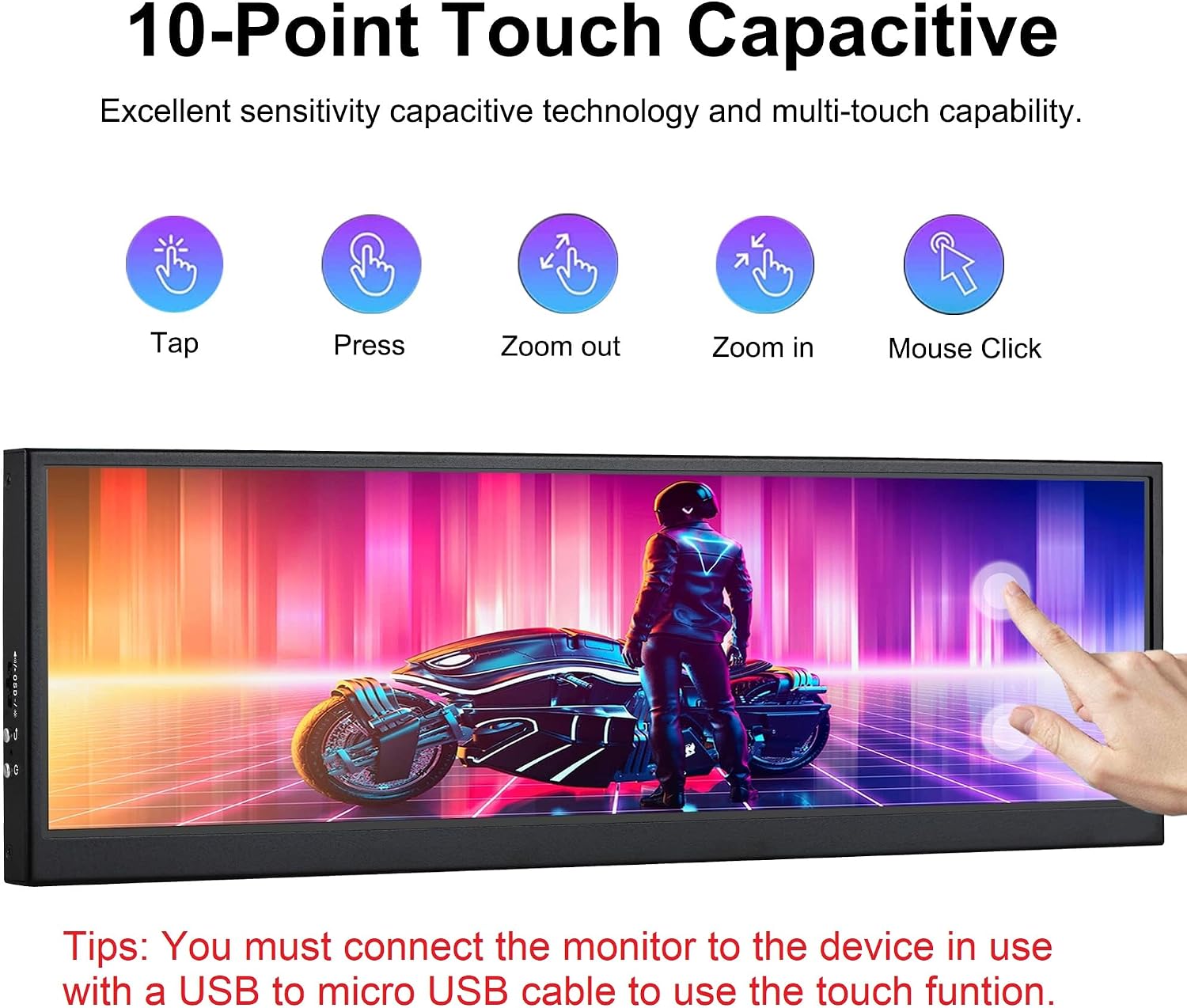 wisecoco 12.6 Inch Mini Touch Screen Monitor Secondary Screen FHD IPS Stretched Bar LCD Display 1920X515 HDMI for PC Laptop Computer Health Speed Windows Sub CPU GPU Temperature Display R126F01T-HB