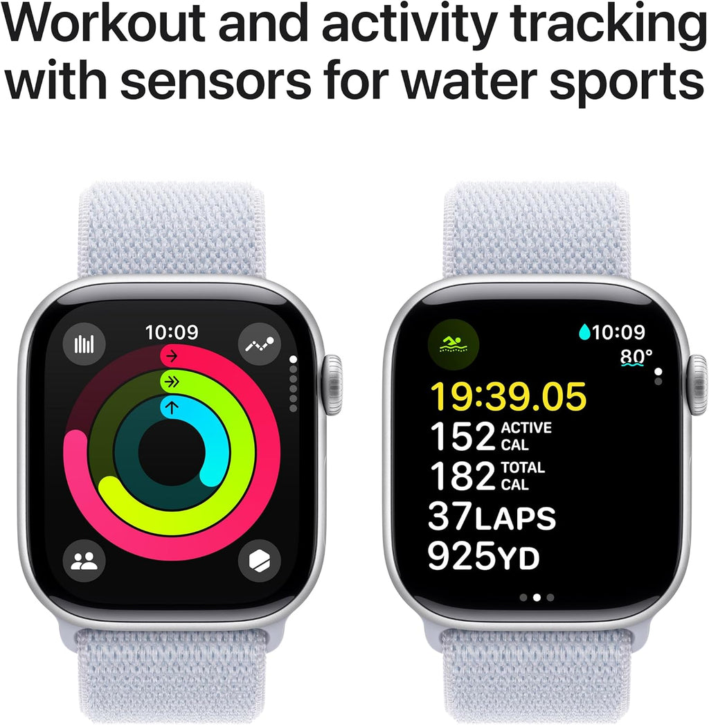 Apple Watch Series 10 [GPS 42mm case] Smartwatch with Silver Aluminum Case with Blue Cloud Sport Loop. Fitness Tracker, ECG App, Always-On Retina Display, Carbon Neutral