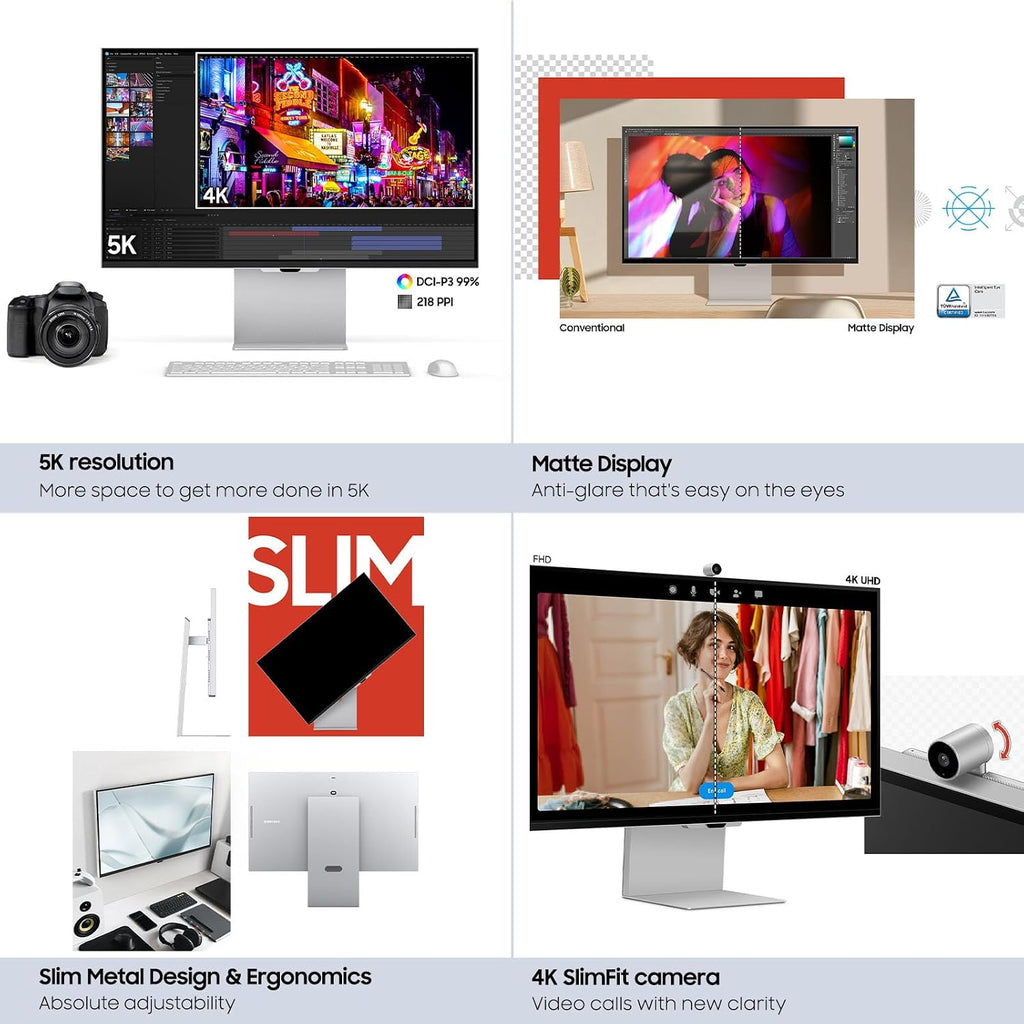Samsung 27' ViewFinity S9 Series 5K Computer Monitor, Thunderbolt 4, DisplayPort, Matte Display, 4K Slimfit-Camera, Slim Metal Design, AirPlay, Smart-TV Apps, Gaming Hub, LS27C900PANXZA