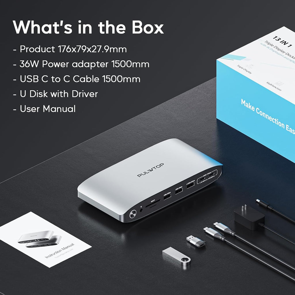 Displaylink Docking Station, Triple Display DisplayLink Dock for MacBook M1/M2/M3 Windows, 4K@60Hz Laptop Docking Station with 2 HDMI, 2 Display Port, PD, USB C Data, 4 USBA, Ethernet, Audio