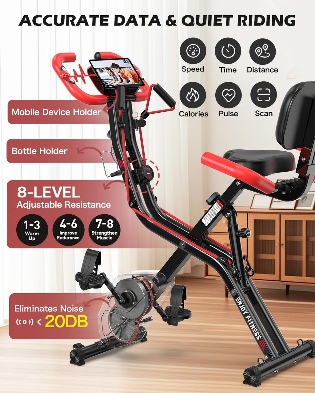 pooboo Folding Exercise Bike, Foldable Upright Stationary Bike, Indoor Cycling Magnetic X-Bike with 8-Level Adjustable Resistance, 6.6 LBS Flywheel, 300LB Capacity, Back Support Cushion for Home Gym