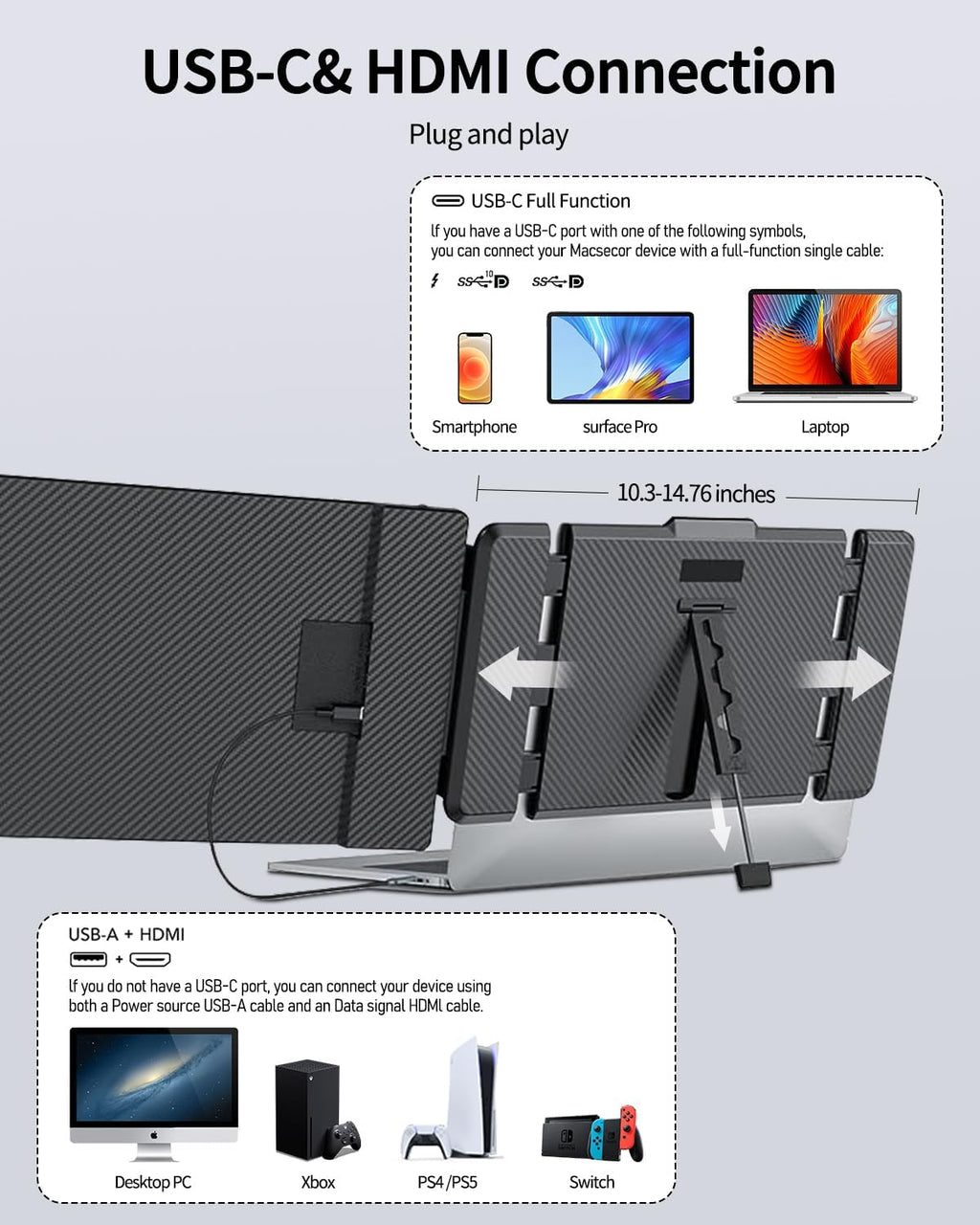 Macsecor 14.1'' Laptop Screen Extender, 1080P FHD IPS Portable Dual Monitor for Laptop, USB C HDMI Plug-Play Monitor Extender for Triple Display for MacOS/Windows, Fits 13-17.3' Laptops