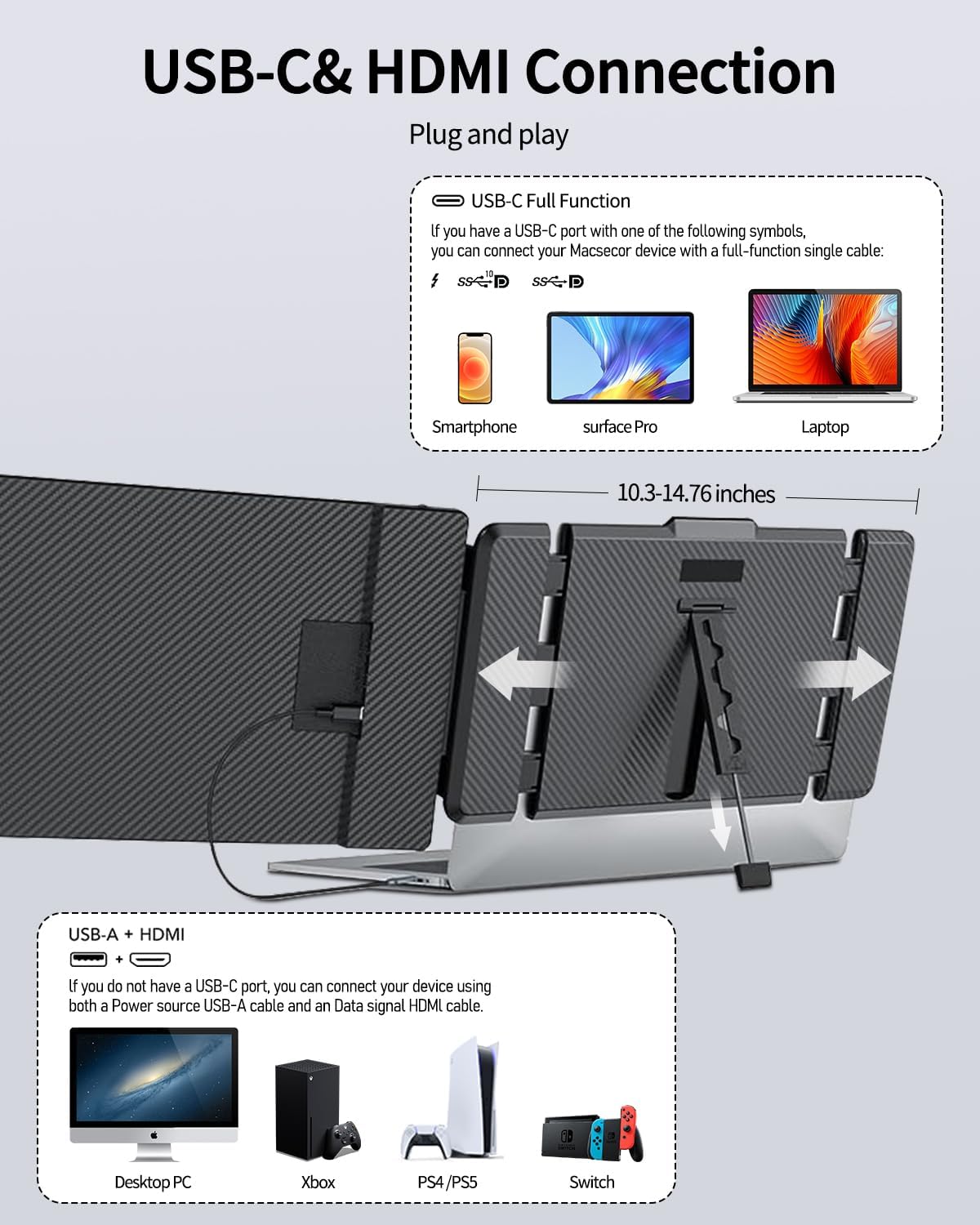 Macsecor 14.1'' Laptop Screen Extender, 1080P FHD IPS Portable Dual Monitor for Laptop, USB C HDMI Plug-Play Monitor Extender for Triple Display for MacOS/Windows, Fits 13-17.3' Laptops