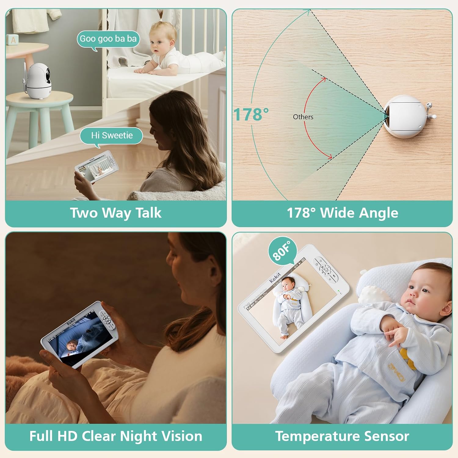 7' 1080P Full HD Dual Camera Baby Monitor 100-Hour Battery Pan-Tilt 355°/120° & 4X Zoom Night Vision & VOX 2-Way Talk & Lullabies Data Protection 2.4GHz Wi-Fi Only