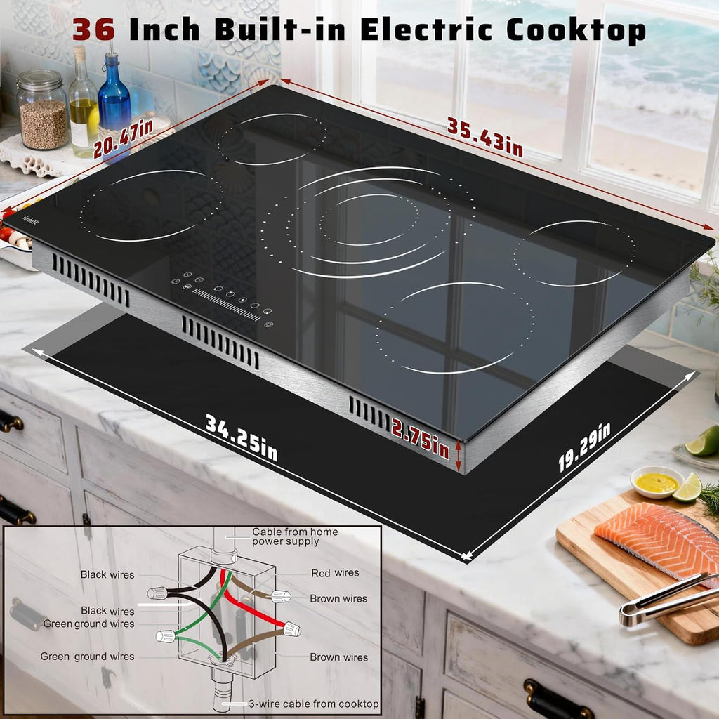 36 Inch Electric Cooktop 5 Burner Electric Stove Top 9200W, Triple‑Ring Central Burner, 9‑Level Slide Control, Touch Control with Safety Lock, 99‑Mins Timer, Pause, Built‑In Size 34.25×19.29 Inch