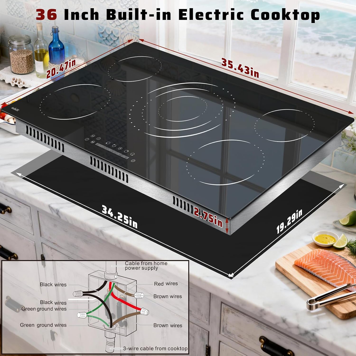 36 Inch Electric Cooktop 5 Burner Electric Stove Top 9200W, Triple‑Ring Central Burner, 9‑Level Slide Control, Touch Control with Safety Lock, 99‑Mins Timer, Pause, Built‑In Size 34.25×19.29 Inch