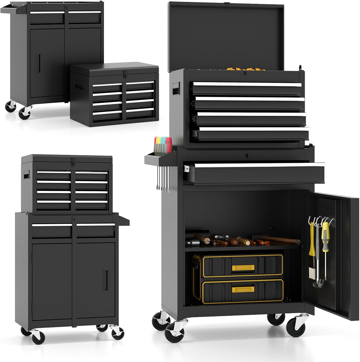 ARNOT 2-in-1 Rolling Tool Chest with 5 Drawers, Heavy-Duty Metal Tool Box with Wheels, Detachable Top Tool Box & Rolling Tool Cabinet for Garage, DIY (5-Drawers, Black)