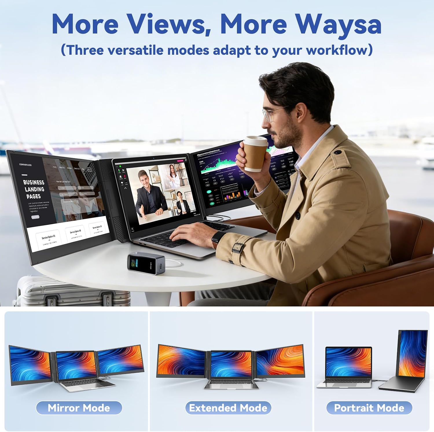domyfan 15.6' Laptop Screen Extender, Triple Portable Monitor with Ultra-Thin FHD 1080P IPS Display for 13-17' Laptop, Plug & Play via HDMI/USB-A/Type-C, Compatible with Mac/Windows/Android