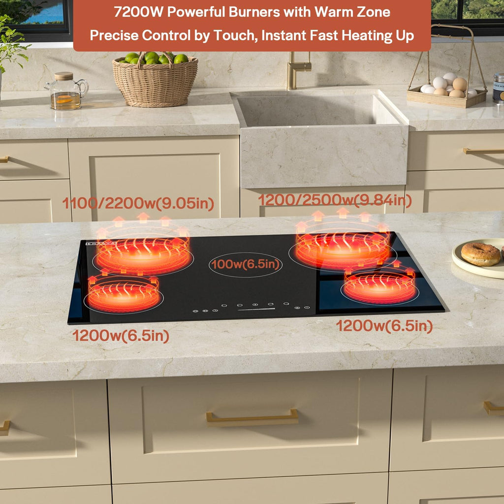 Empava 30 inch Electric Cooktop,Built in Radiant Ceramic Stove,5 Burners Including Dual Element and Warm Zone, 7200W, 220-240V Hard Wire, No Plug, ETL Certified
