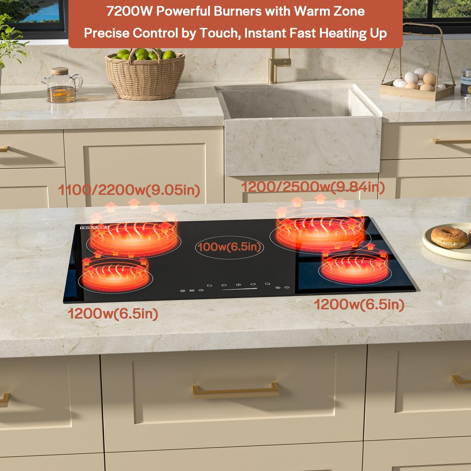 Empava 30 inch Electric Cooktop,Built in Radiant Ceramic Stove,5 Burners Including Dual Element and Warm Zone, 7200W, 220-240V Hard Wire, No Plug, ETL Certified