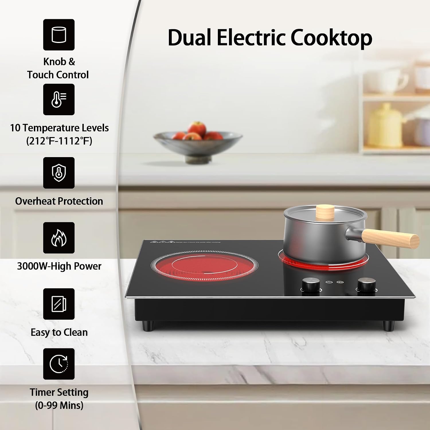 GIHETKUT Electric Cooktop,1110V 2100W 2 Burner stove,Built-in & Countertop Stove Top with10 Heating Level, Timer & Kid Safety Lock, LED Knob Touch Control 2 Burner Electric Cooktop