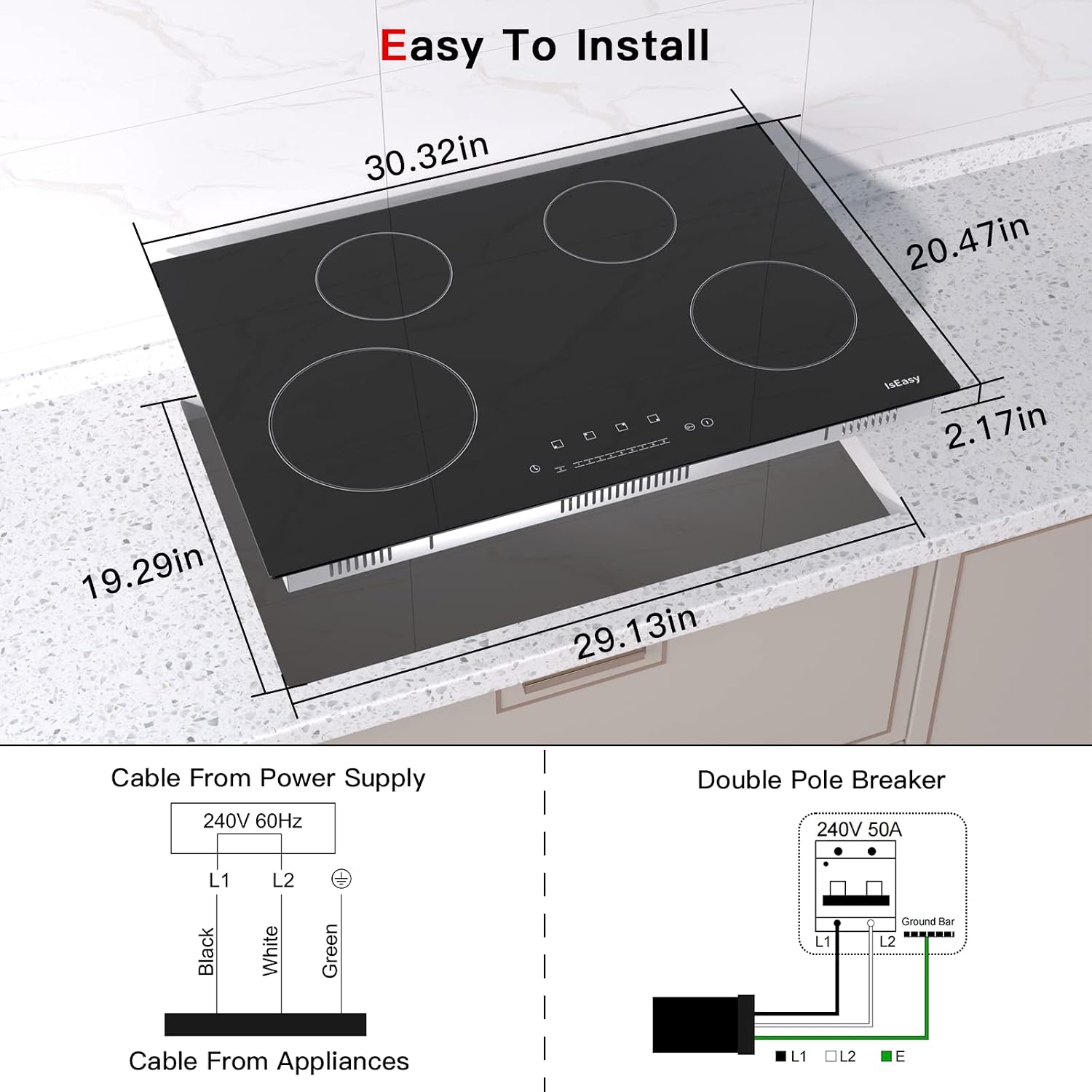 IsEasy 30 Inch Ceramic Electric Cooktop 4 Burner Built-In Electric Stove Top with Touch Sensor Control, 9 Power Levels, Timer, Child Safety Lock, 220-240V Glass Cooktop