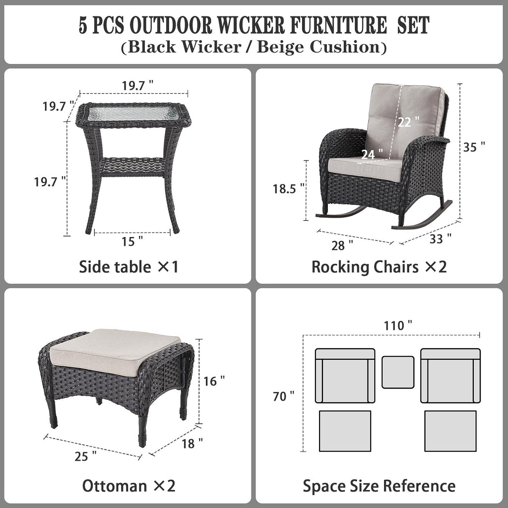 Belord Patio Rocking Chairs Furniture Set - 5 Piece Outdoor Wicker Furniture Sets with Ottomans, Small Patio Conversation Sets with Wicker Rocking Chairs Black/Beige