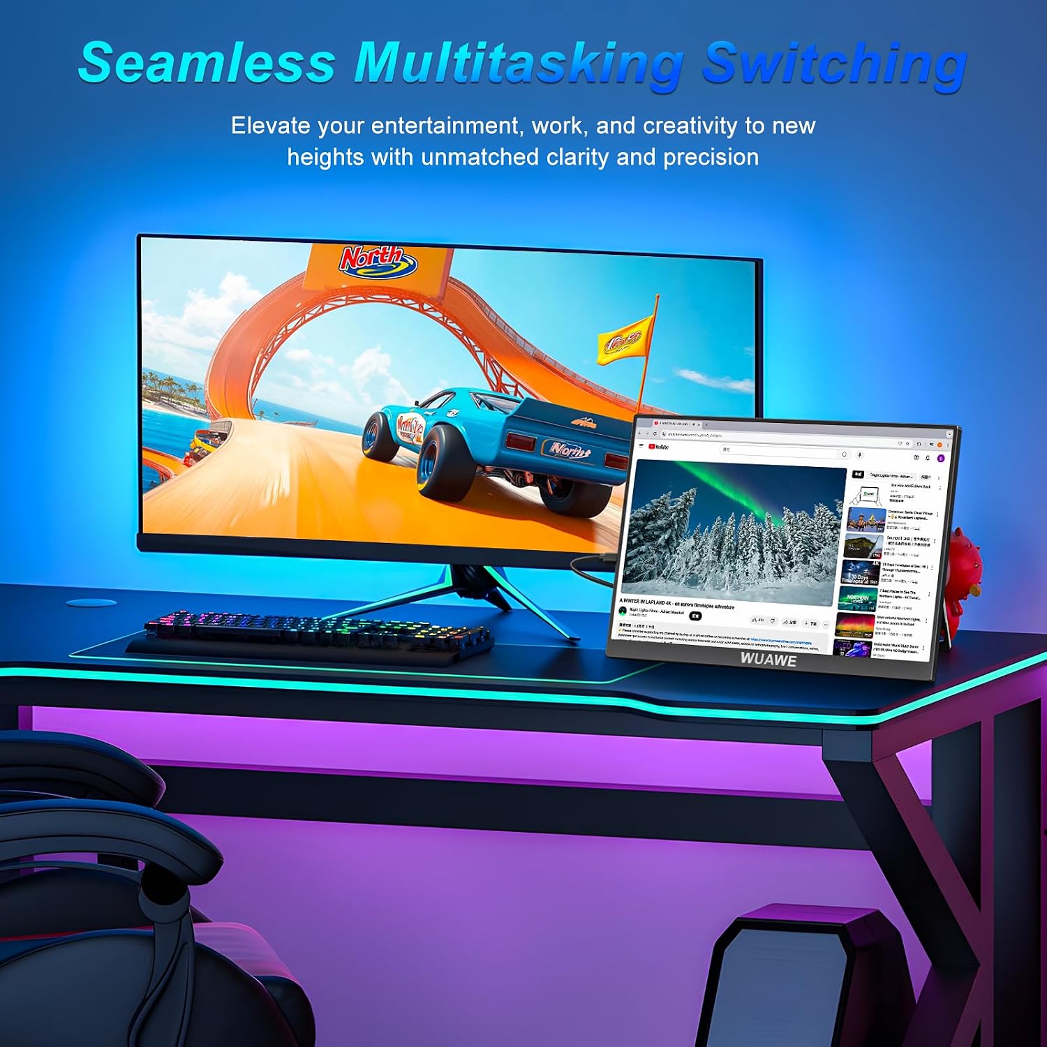 WUAWE Portable Monitor 16' 16:10 IPS Travel Monitor for Laptop, 100% sRGB Control USB-C HDMI,HDR Freesync Display, Plug&Play for Phone PS5 Switch (2.5K|144HZ, Black, 16inch)
