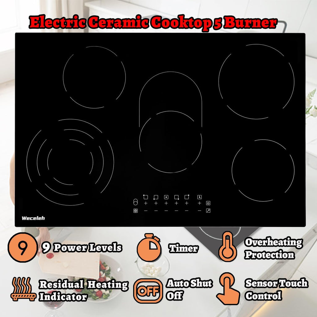 Electric Cooktop 30 Inch 5 Burners, Electric Stove Top 30 Inch, Glass Flat Top Ceramic Cooktop Stove, Built-In, Timer, Child Lock, 9 Power Levels, Black, 220-240V(No Plug), 8500W