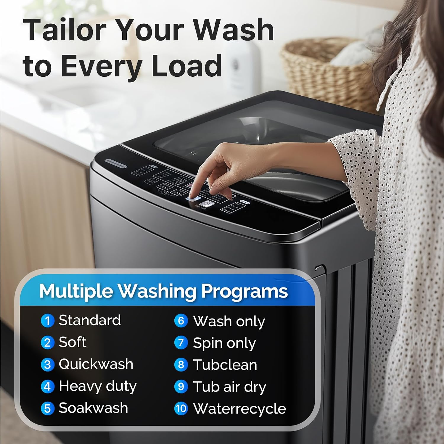 Anypro Clothes Washing Machines 27 LBS Full Automatic Washer and Spinner Combo with 10 Program and 8 Water Level, Laundry Wash Machine for Apartment RV Dorm, Grey