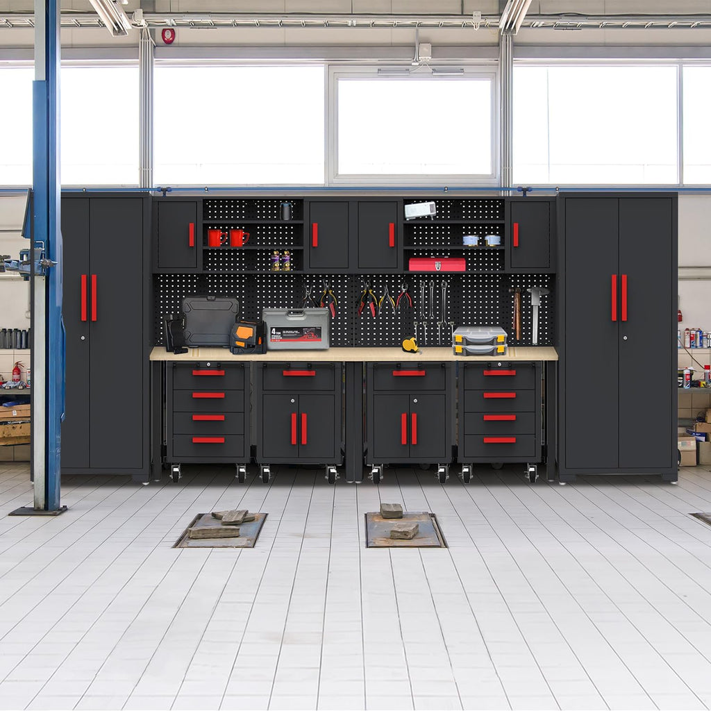 Garage Storage Cabinet System - 2 * 6-Pcs Workshop Set with Steel Cabinet Drawers, Rolling Chest, Workbench, Pegboard for Tool Organization