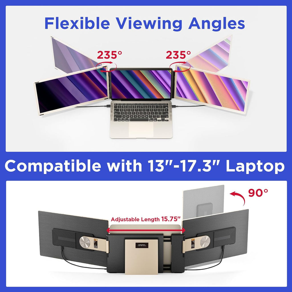 Maxfree S6 Laptop Screen Extender, 15.6'' 1080P Monitor Extender, 11 Display Modes, Plug & Play, Detachable Screen Triple Monitor for Laptop 13'-17.3', Compatible with Mac/Windows/Android/Switch, Gold