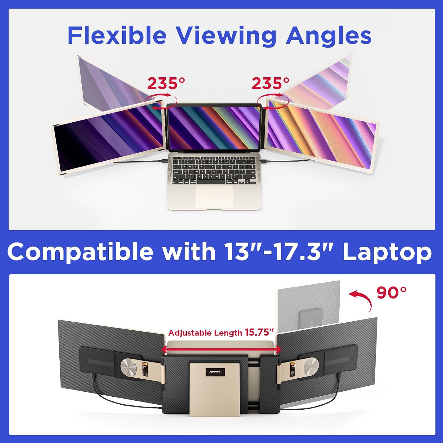Maxfree S6 Laptop Screen Extender, 15.6'' 1080P Monitor Extender, 11 Display Modes, Plug & Play, Detachable Screen Triple Monitor for Laptop 13'-17.3', Compatible with Mac/Windows/Android/Switch, Gold