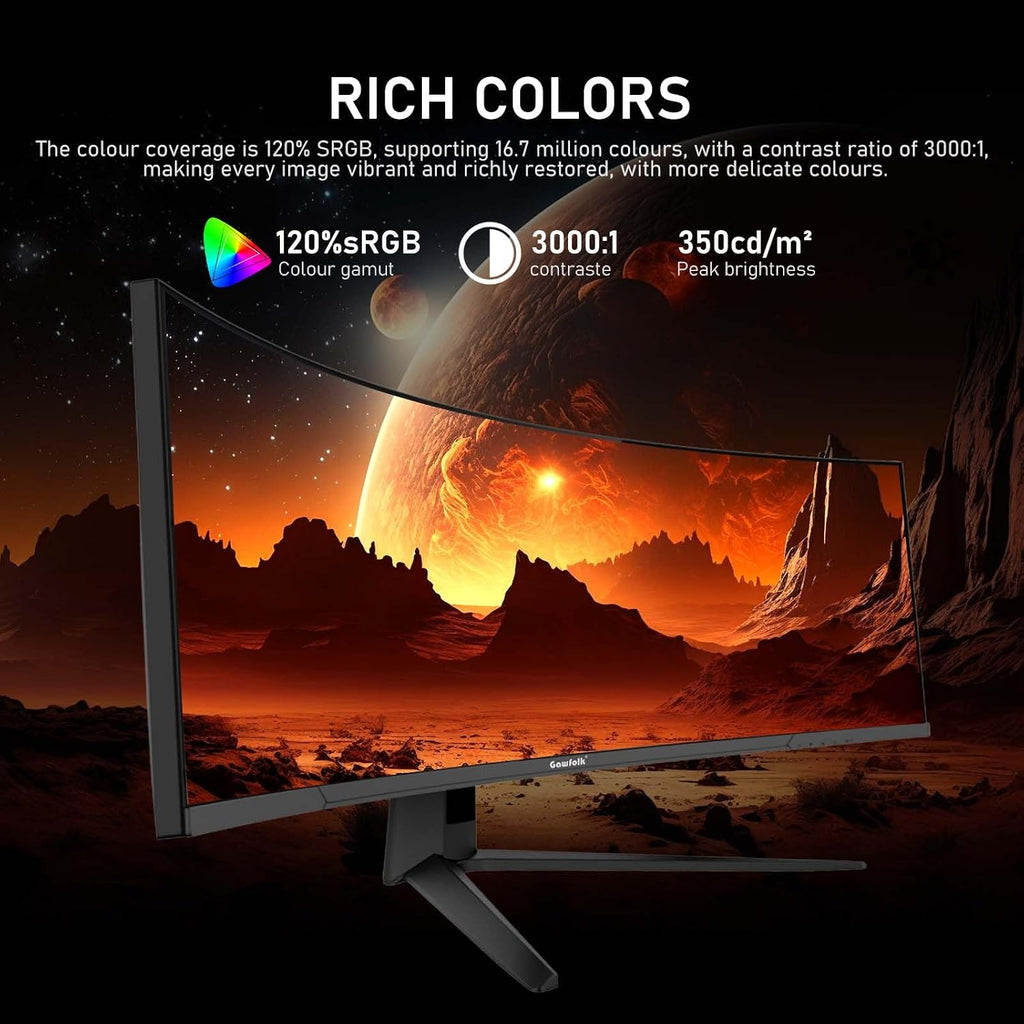Gawfolk 45 inch Ultra-Wide Curved 1500R Gaming Computer Monitor, DQHD(5120×1440) PC Screen, 185Hz, 1MS, FreeSync, 120% sRGB, Built-in Speaker, HDMI2.1 & DP1.4, Compatible Wall Mount 100 * 00mm- Black