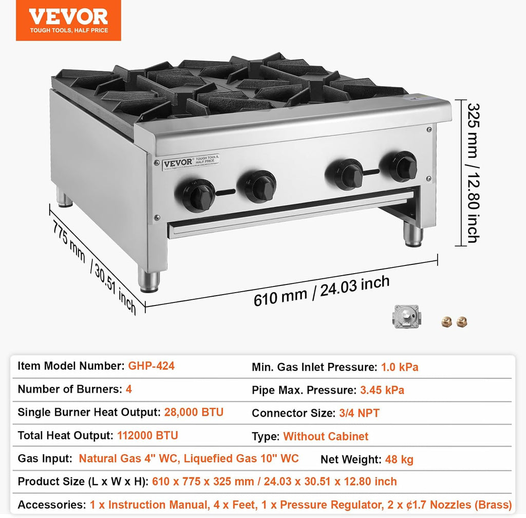 VEVOR Commercial Gas Stove with 4 Burners, Propane and Natural Gas Countertop Cooking Stove Range, Stainless Steel Gas Hot Plate, Commercial Cooking Equipment for Restaurant, 112,000 BTU