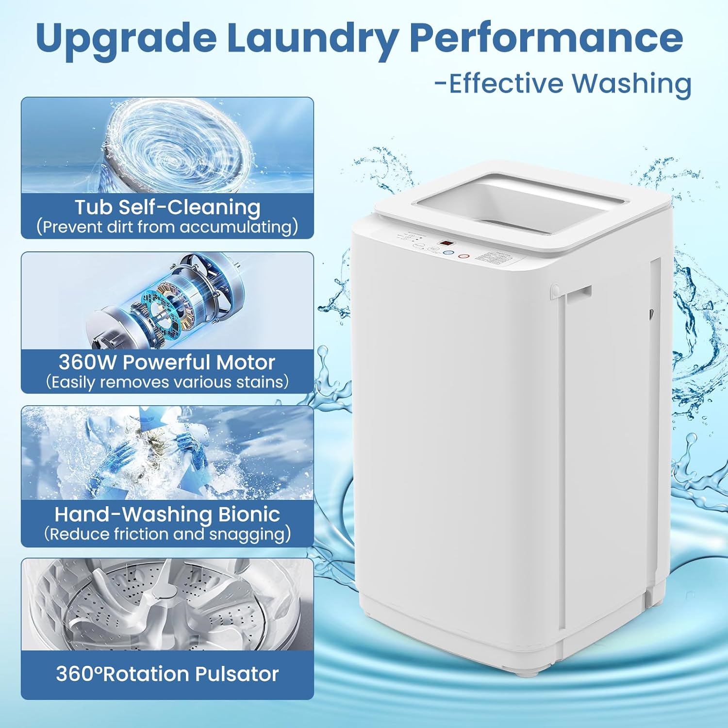 VCJ 17Lbs Portable Washing Machine, Full-Automatic Top Load Washer with 10 Wash Cycles, 3 Water Levels & LED Display, Compact Electric Laundry Washer for Apartment, Dorms, RVs and Camping