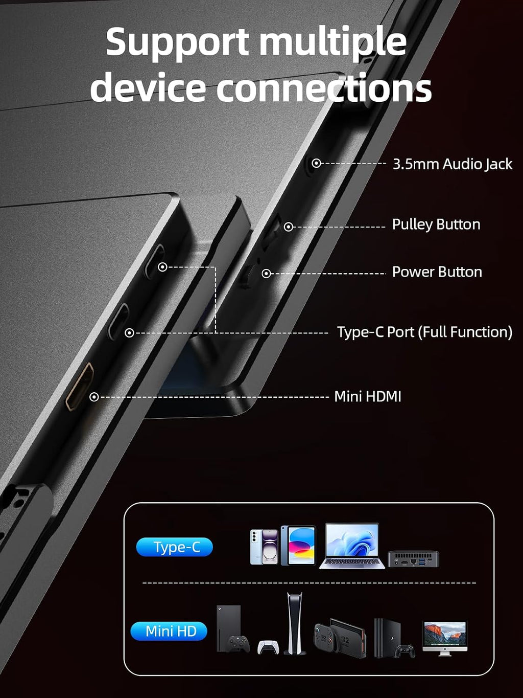 Portable Monitor 18.5'' 1080P 100Hz 100% sRGB, Aluminum Alloy Shell, IPS Travel Monitor with USB-C HDMI Large Portable Screen for Laptop MacBook PC PS4/5 Gaming Monitor with Kickstand