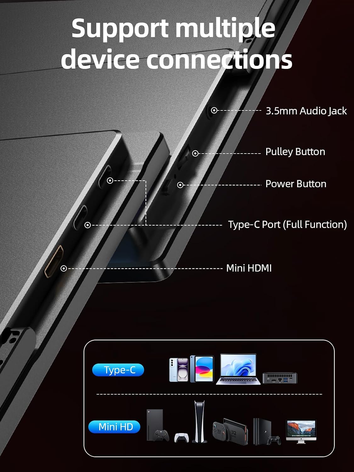Portable Monitor 18.5'' 1080P 100Hz 100% sRGB, Aluminum Alloy Shell, IPS Travel Monitor with USB-C HDMI Large Portable Screen for Laptop MacBook PC PS4/5 Gaming Monitor with Kickstand