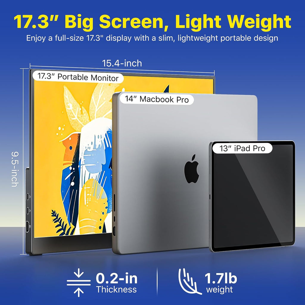 VisionOwl Portable Monitor for Laptop, IPS USB-C HDMI Travel Second Monitor for MacBook Pro Air, PC, PS5, Xbox, Portable Second Screen, Built-in Kickstand, Speakers, VESA Mountable, 17.3 Inch