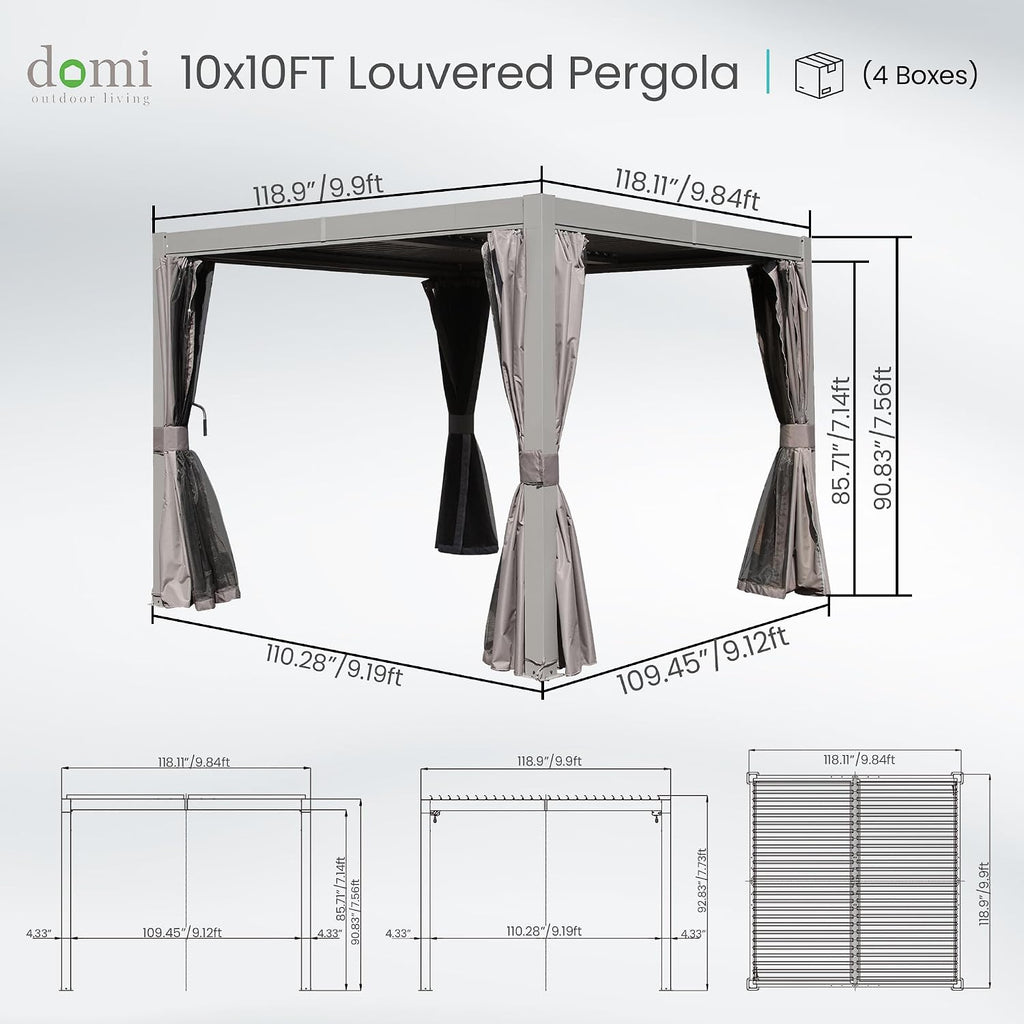 Domi Outdoor Pergola 10' x 10', Aluminum Louvered Pergola with Adjustable Louvers, Full Aluminum Frame, Built-in Gutter System, Modern Patio Gazebo for Deck Garden Patio, Gray