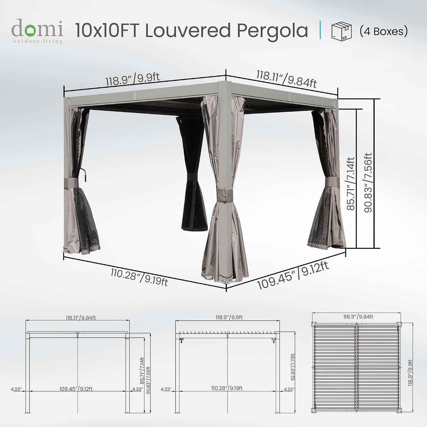 Domi Outdoor Pergola 10' x 10', Aluminum Louvered Pergola with Adjustable Louvers, Full Aluminum Frame, Built-in Gutter System, Modern Patio Gazebo for Deck Garden Patio, Gray