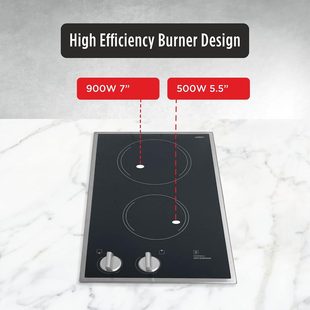 Summit CR2B12ST 12' Wide 115V 2-Burner Radiant Cooktop, Black Ceramic Glass, 1400W, ADA Compliant, Safety Heat Indicator, Easy to Clean, Cord Included, Hotel Suites, Extended Stay, Apartments, House