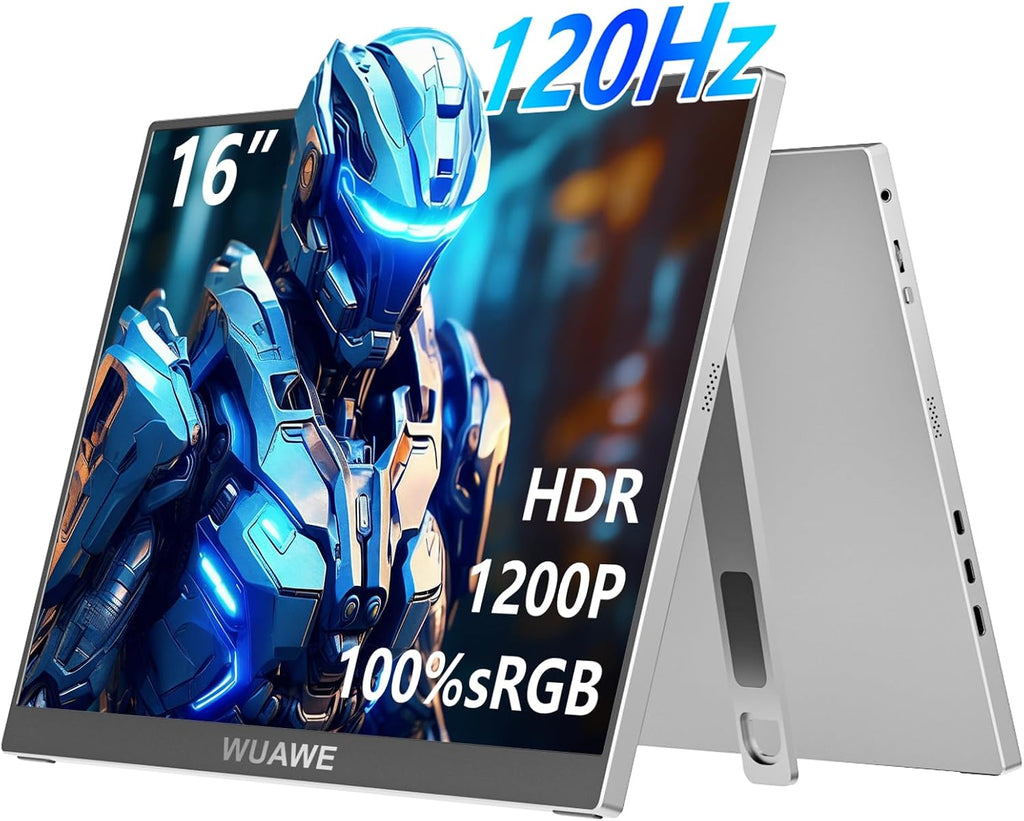 WUAWE 120Hz Portable Monitor, 100% sRGB 16 Inch Portable Gaming Monitor with Built-in Stand, HDR and Freensync, External USB C Monitor for Laptop, PC, Phone, Switch and PS5 (Silver)