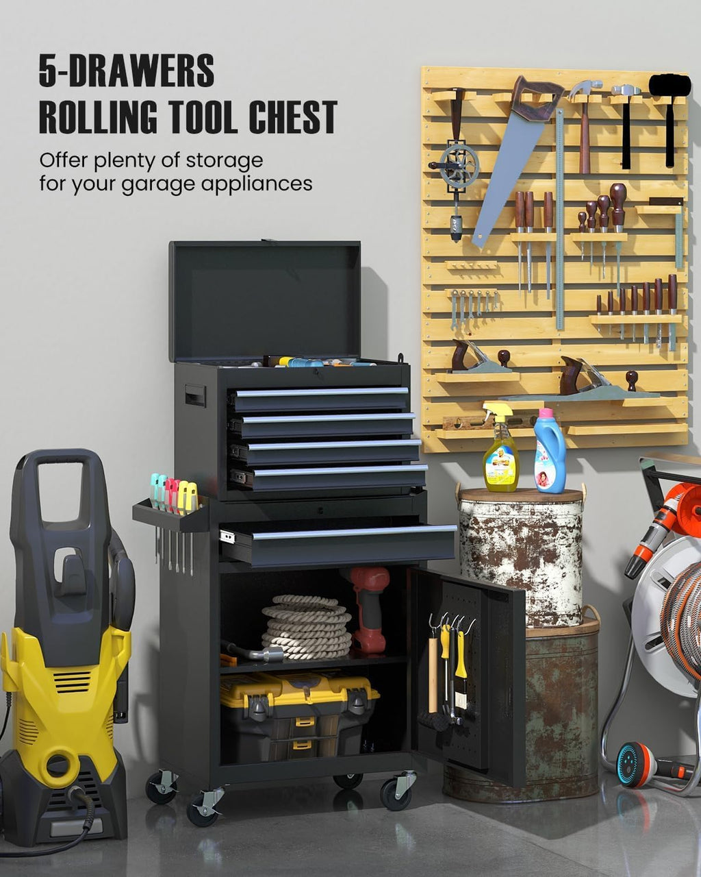 ARNOT 2-in-1 Rolling Tool Chest with 5 Drawers, Heavy-Duty Metal Tool Box with Wheels, Detachable Top Tool Box & Rolling Tool Cabinet for Garage, DIY (5-Drawers, Black)