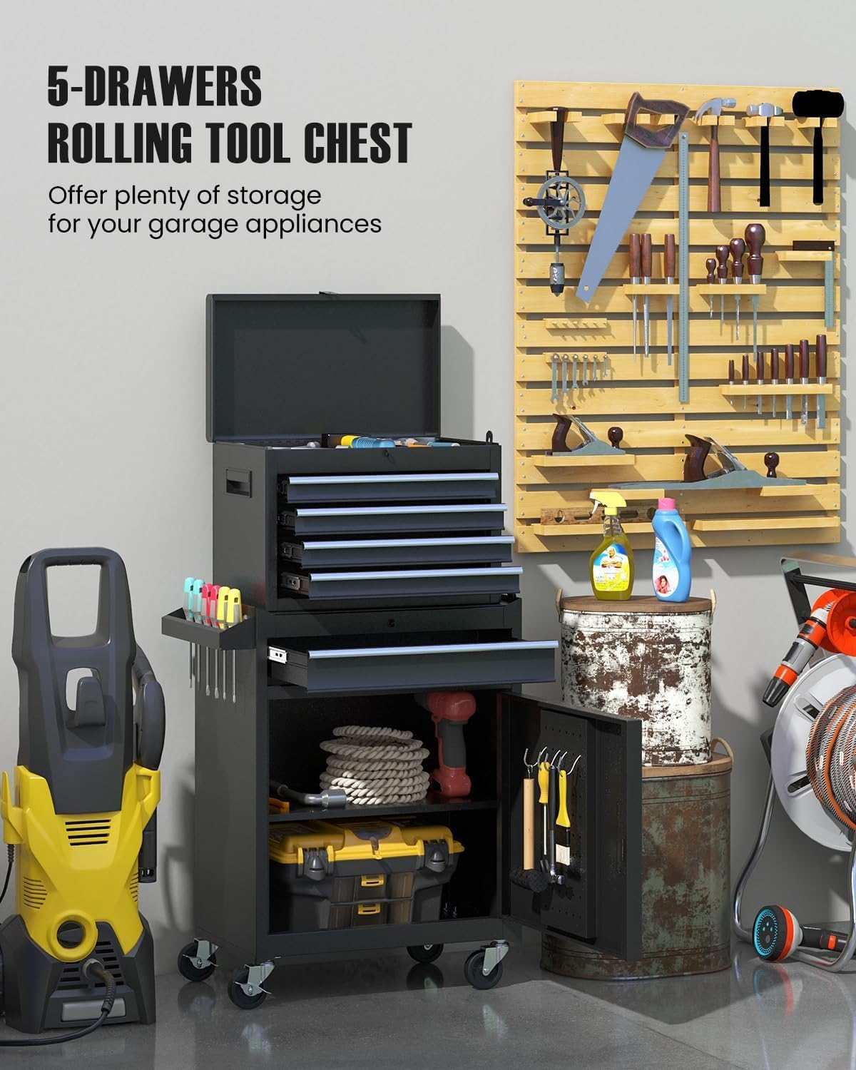 ARNOT 2-in-1 Rolling Tool Chest with 5 Drawers, Heavy-Duty Metal Tool Box with Wheels, Detachable Top Tool Box & Rolling Tool Cabinet for Garage, DIY (5-Drawers, Black)