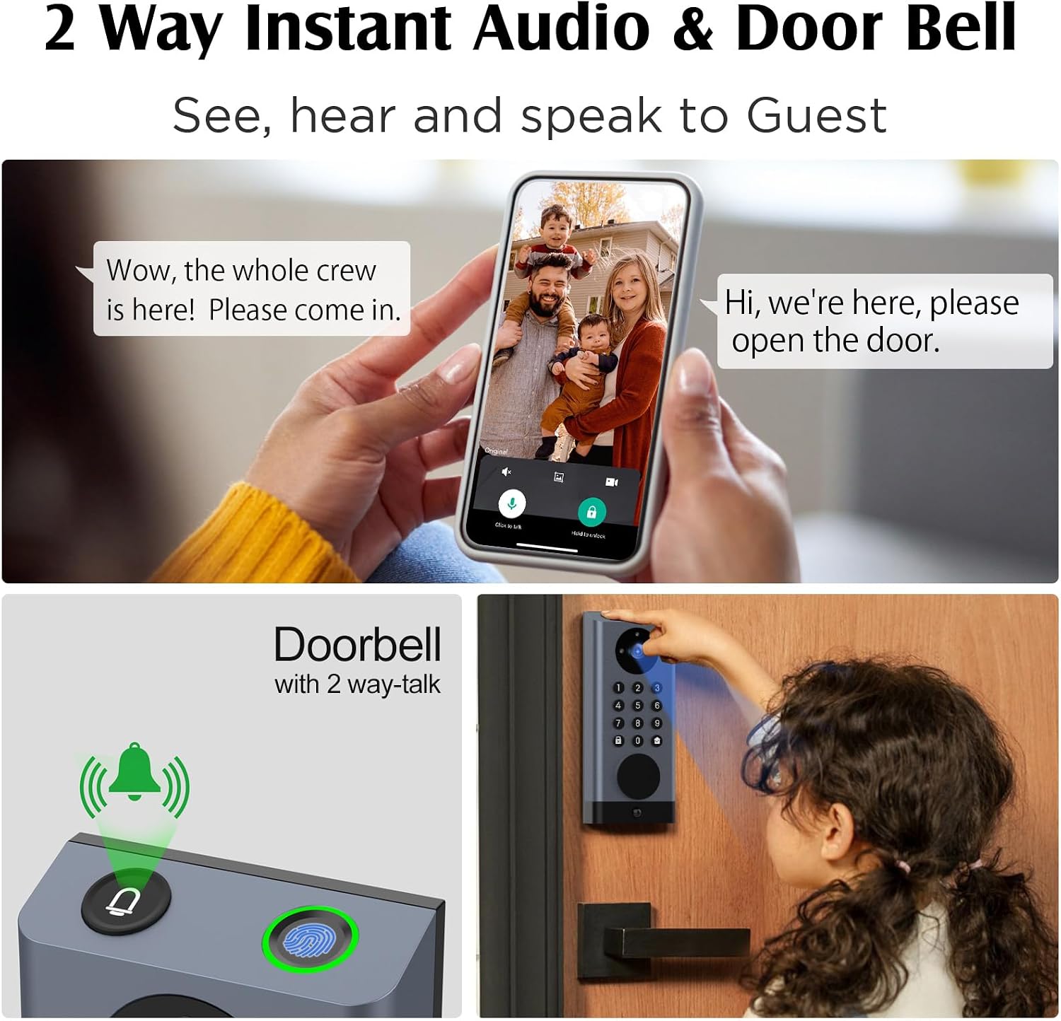 Smart Door Lock with Camera Deadbolt with Video Doorbell PIR Motion Detection Front Door Lock with Fingerprint Keypad Code Long-Lasting Battery Built-in Wi-Fi No hub Required No Drilling