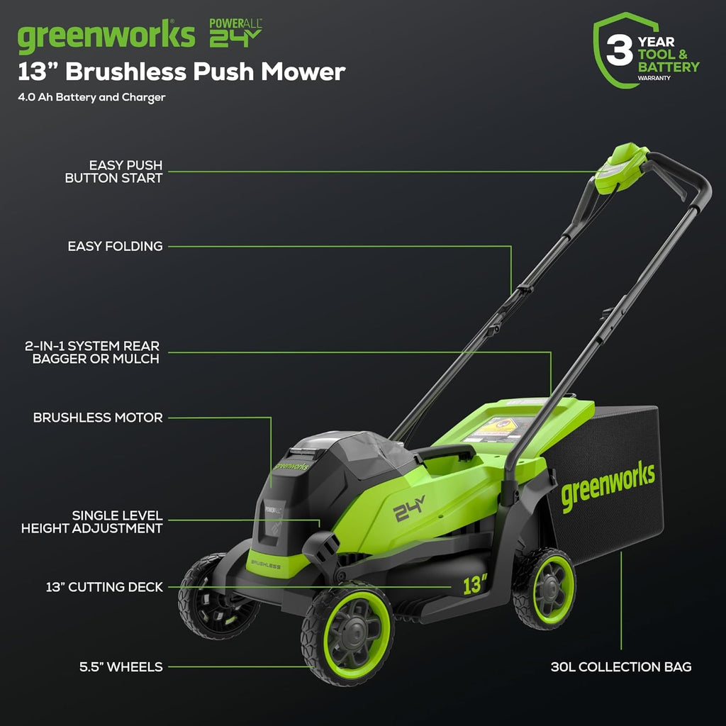 Greenworks 24V 13' Brushless (Push) Cordless Lawn Mower, 4.0Ah Battery and Charger