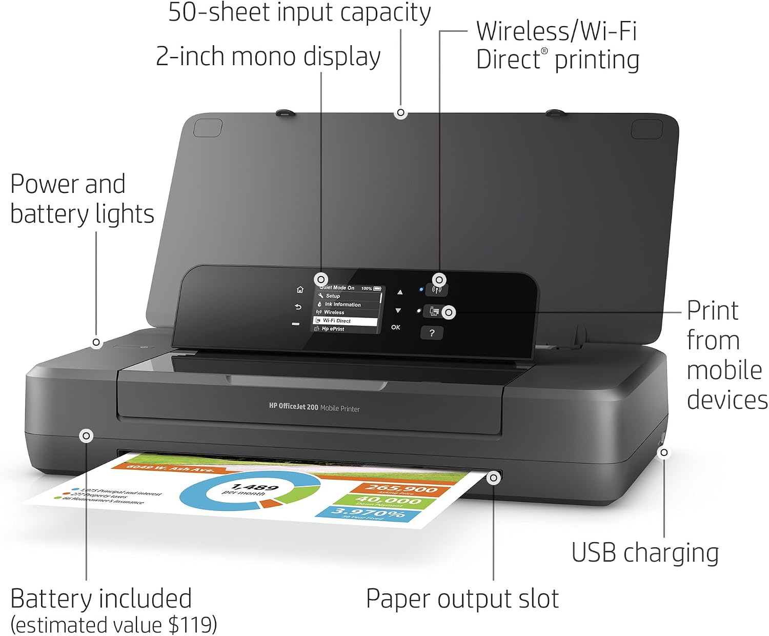 HP OfficeJet 200 Wireless Mobile Printer - Black, Battery Included (CZ993A)