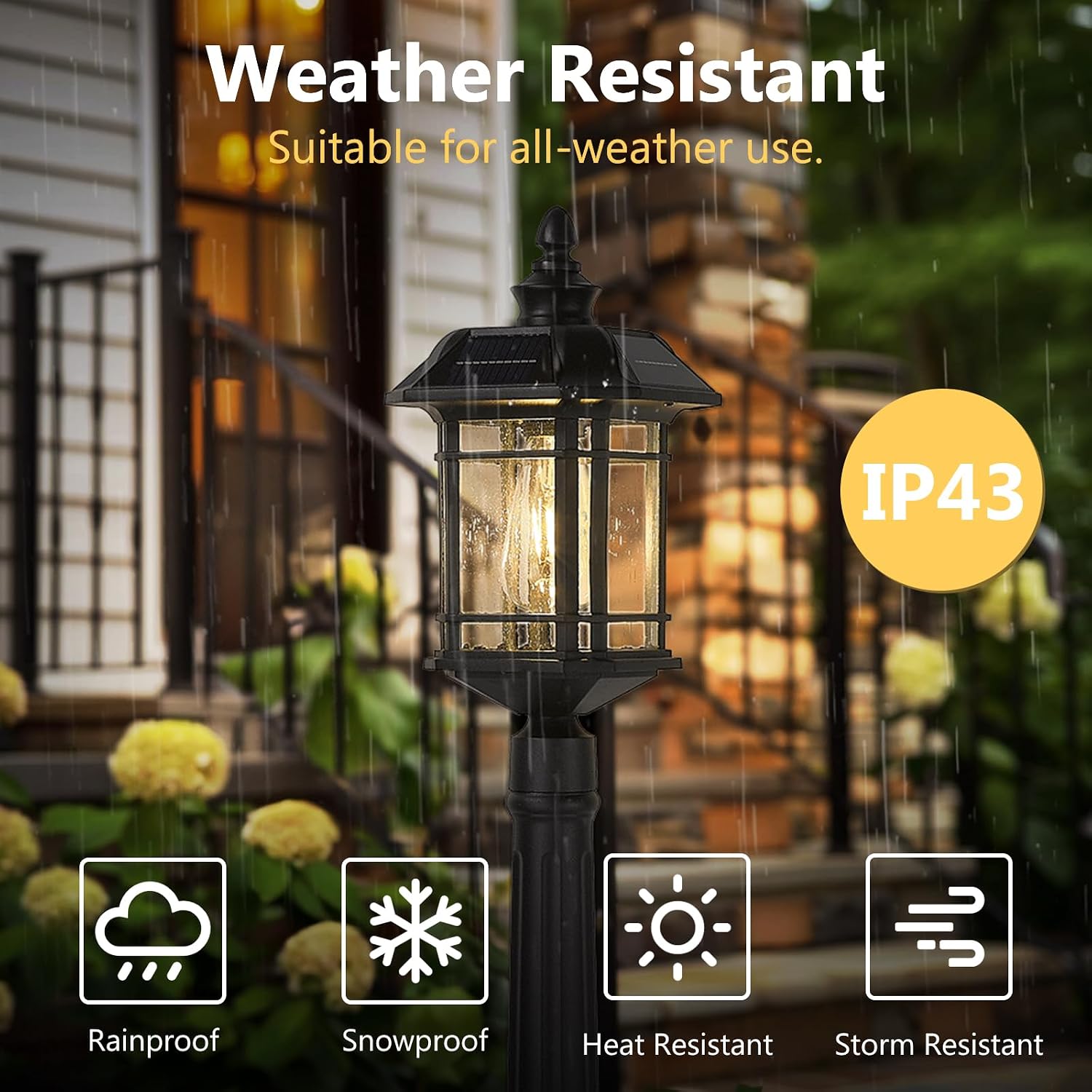Emliviar Outside Solar Powered Post Light, Black Pathway Light with Remote Control, Dusk to Dawn LED Outdoor Solar Pole Lighting, Bulb Included, Seeded Glass, 2084PL-SL BK