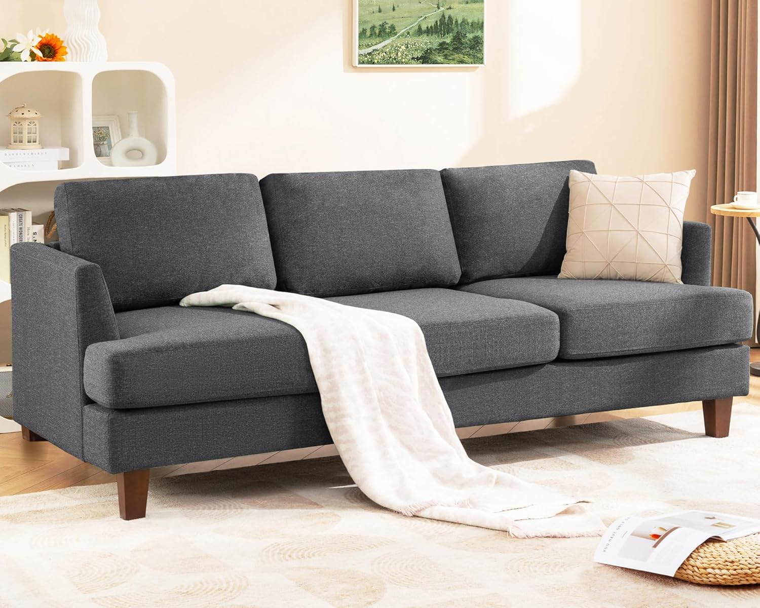 Busaurus 3 Seater Sofa Couch with Deep Seats, 89' Mid Century Modern Upholstered Sofa with Armrests, Comfy Couches for Living Room, Bedroom, Apartment and Office (Dark Grey)