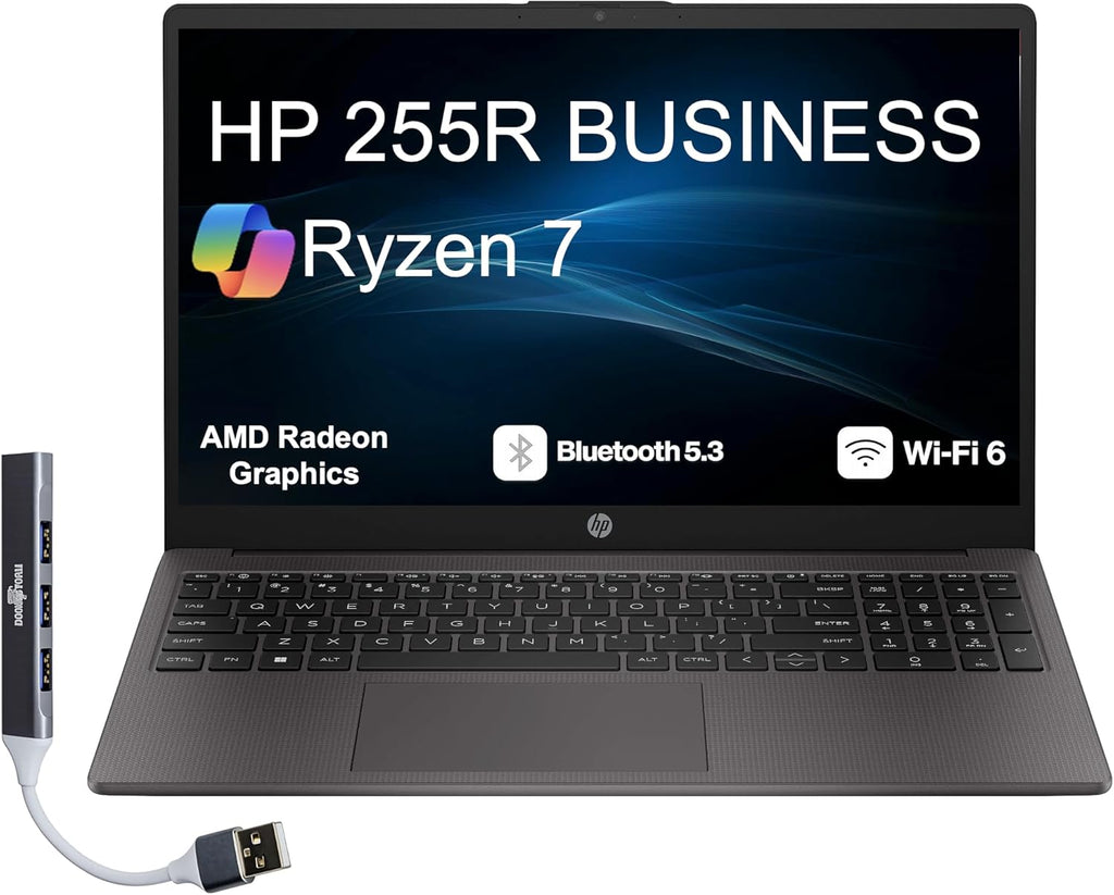 HP 255R Business Laptop 15.6' LCD FHD Display (AMD Ryzen 7 7735U, 16GB DDR5, 512GB PCIe SSD, AMD Radeon, Bluetooth 5.3, WiFi 6, Webcam, HDMI, Win 11 Pro) w/Dockztorm USB Port Expander