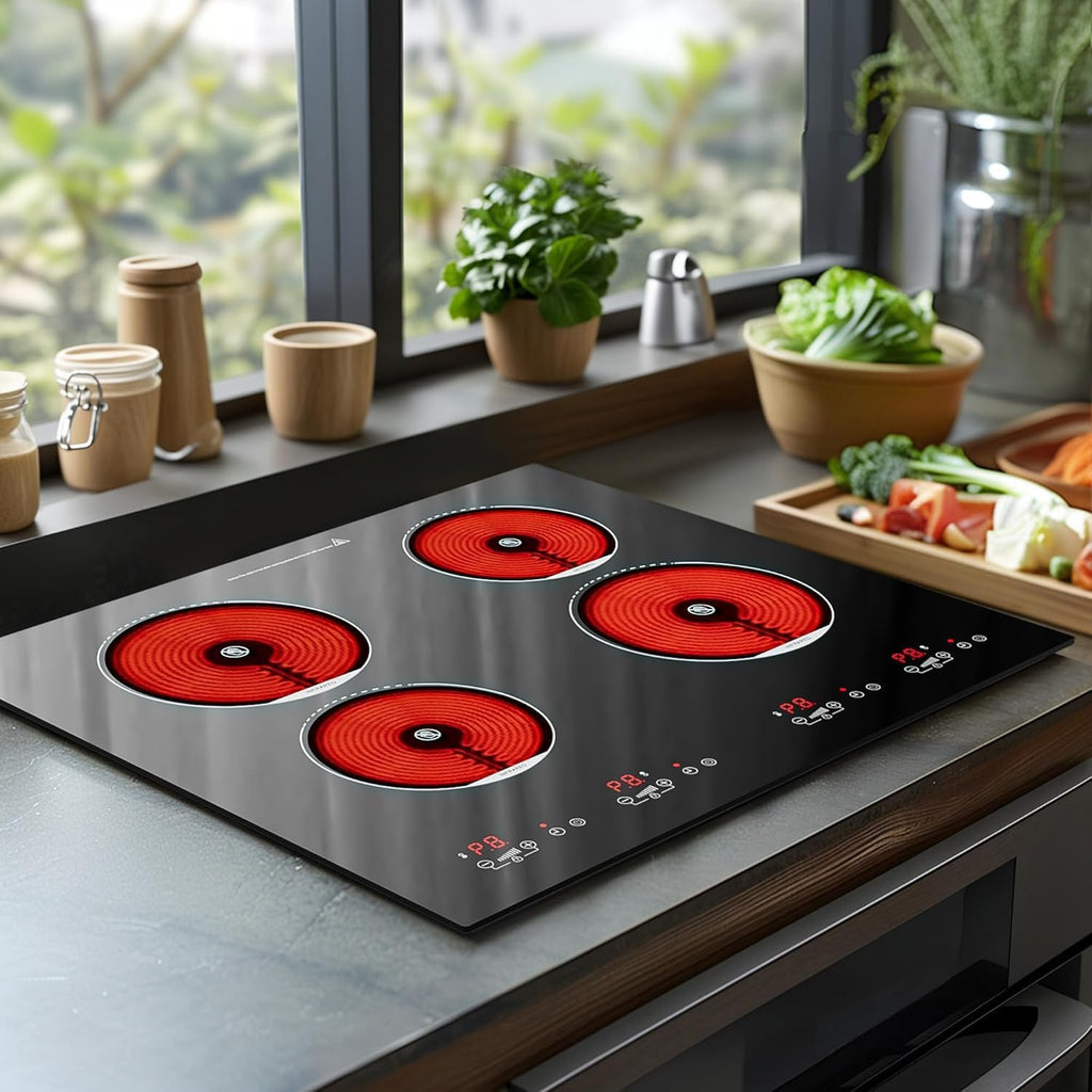 ADVWIN Electric Cooktop, 2 Burner Knob Control Plug in Built-in Ceramic Electric Stove Top with Child Safty Lock & Timer & Over-Temperature Protection & 10 Power Setting (4 burners)