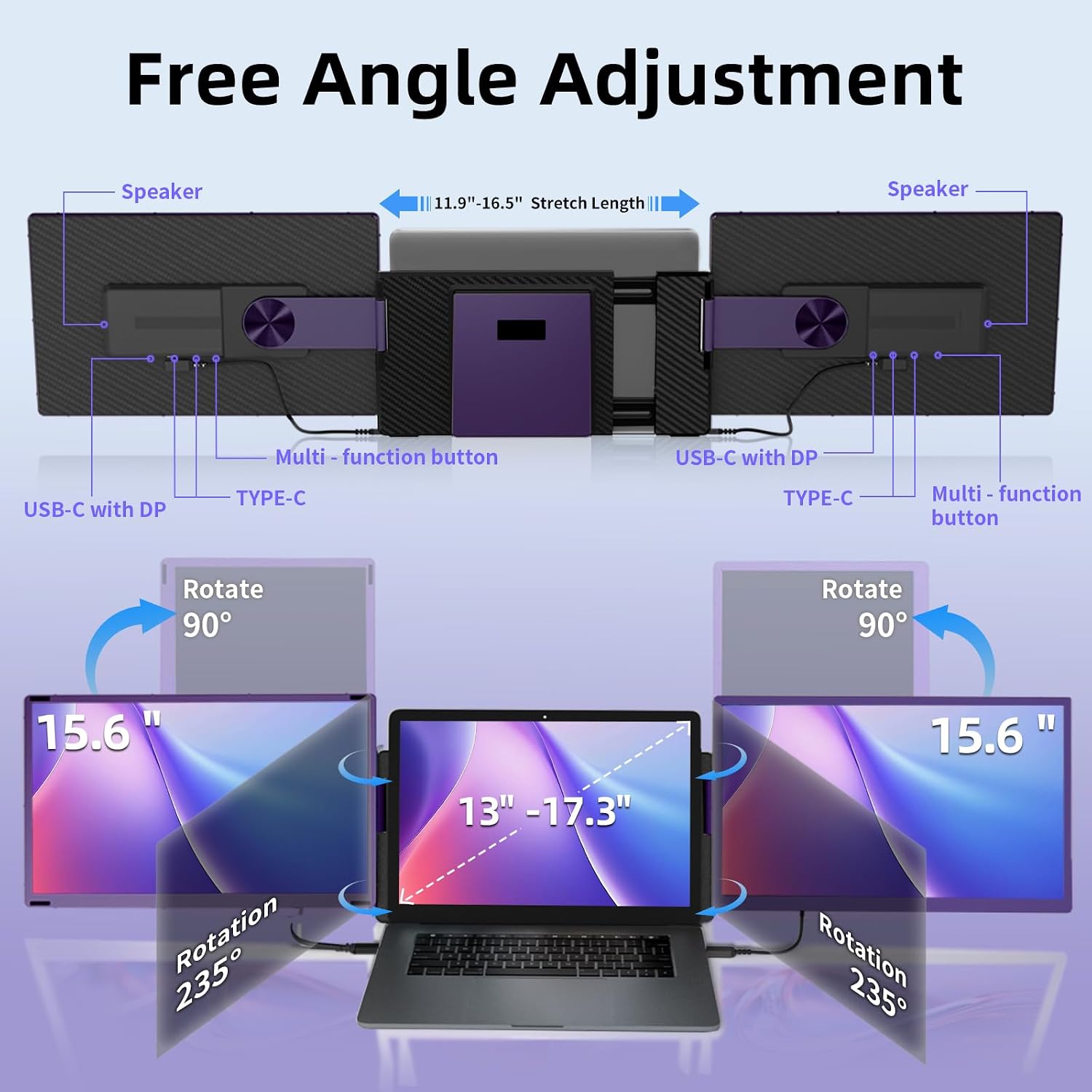 15.6' Laptop Screen Extender Monitor - Detachable Triple Monitor FHD 1080P IPS 120% sRGB 235° Rotation Travel Extra Screen Compatible with Wins Mac Chrome Dex Fits 13-17' Laptop