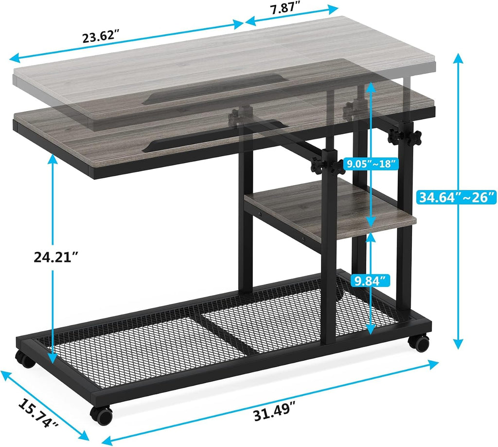 Tribesigns Height Adjustable C Table with Wheels, Mobile Couch Snack Side Table with Tiltable Drawing Board, Sofa Bedside Laptop Stand C Shaped TV Tray with Storage Shelves (Grey)