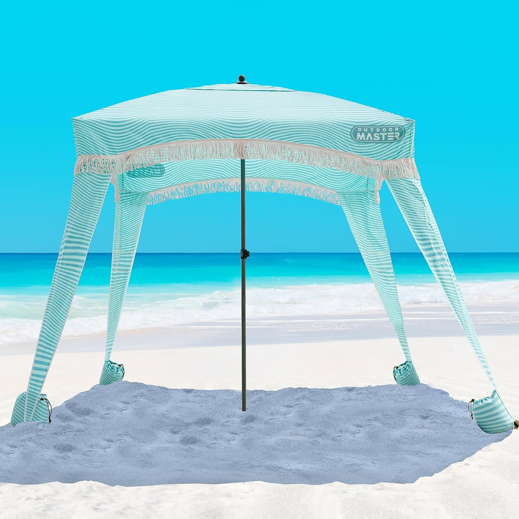 OutdoorMaster Beach Cabana with Fringes, Portable 6' x 6' Beach Canopy for Sand, Easy Set Up Beach Shelter, Included Side Wall, UPF 50+ UV Protection Sun Umbrella - for Family & Friends