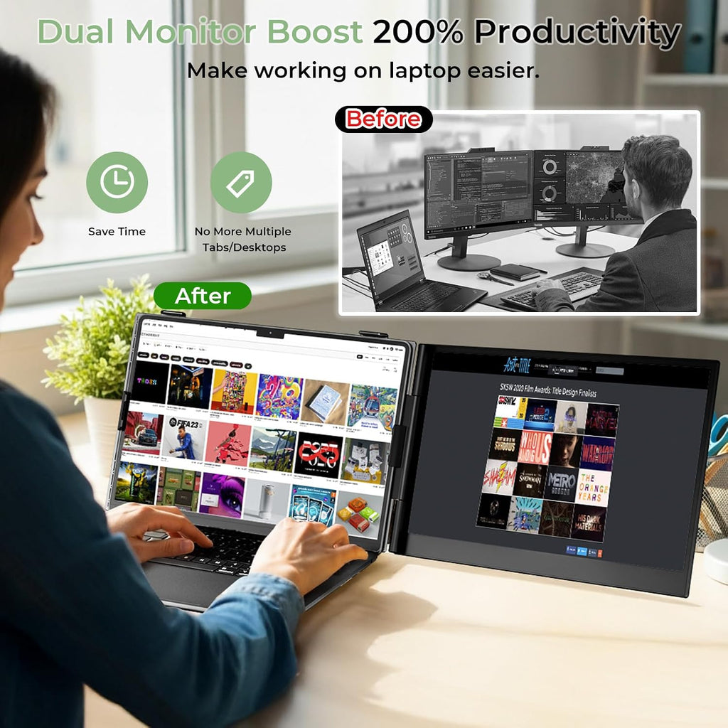 ZUMWALT Laptop Screen Extender, 14' FHD 1080P Dual Portable Monitor for Laptop, Ultra-Thin Travel Monitor Extender Fit 13'-17.3', Plug and Play Compatible with Windows/Mac/Android/Chrome/Switch