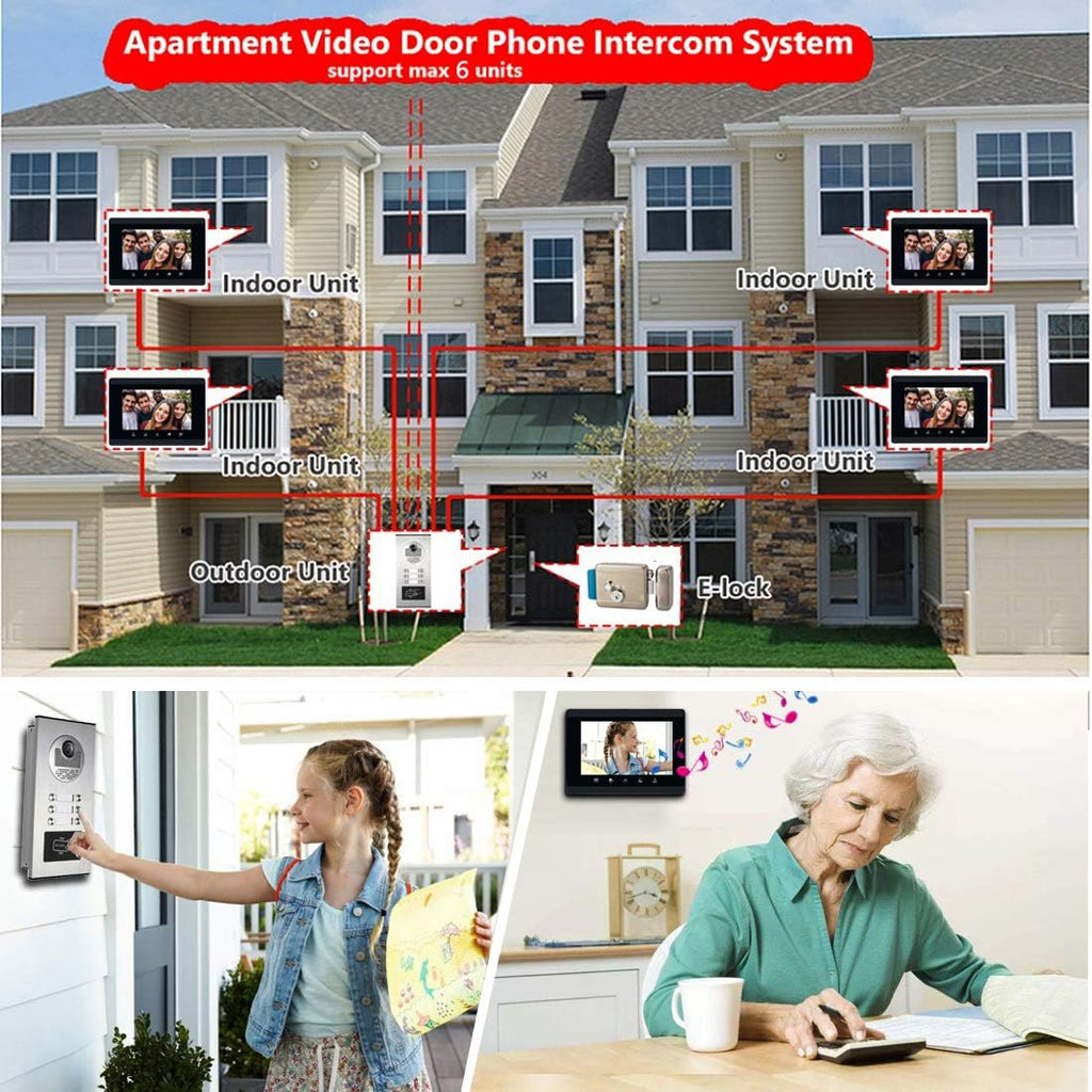 Upgrade Versions 3 Units Apartment Intercom System 7 inch Touch Monitor Video Door Phone Kits Support Ethernet Cable Connect, Single-Supply, ID Keyfobs Unlock for Home Apartment