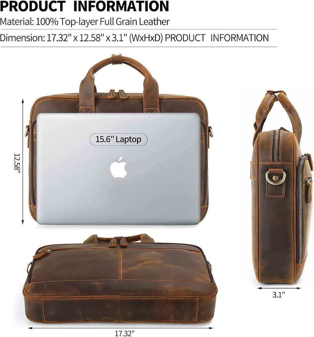 Jack&Chris Full Grain Leather Briefcase for Men, Business Messenger Bag Laptop Bag Attache Case, Fits 15.6 Inch Laptop