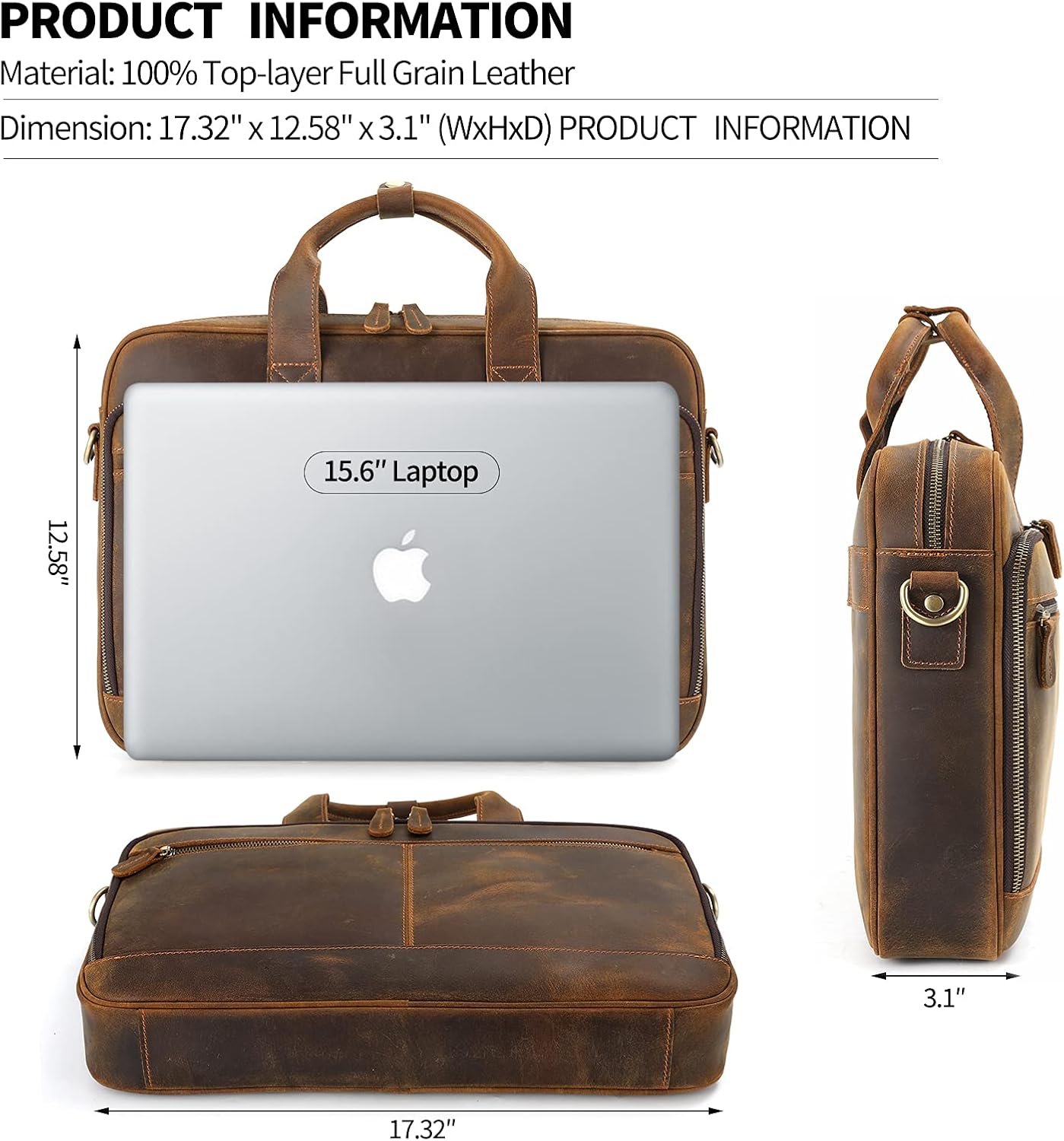 Jack&Chris Full Grain Leather Briefcase for Men, Business Messenger Bag Laptop Bag Attache Case, Fits 15.6 Inch Laptop