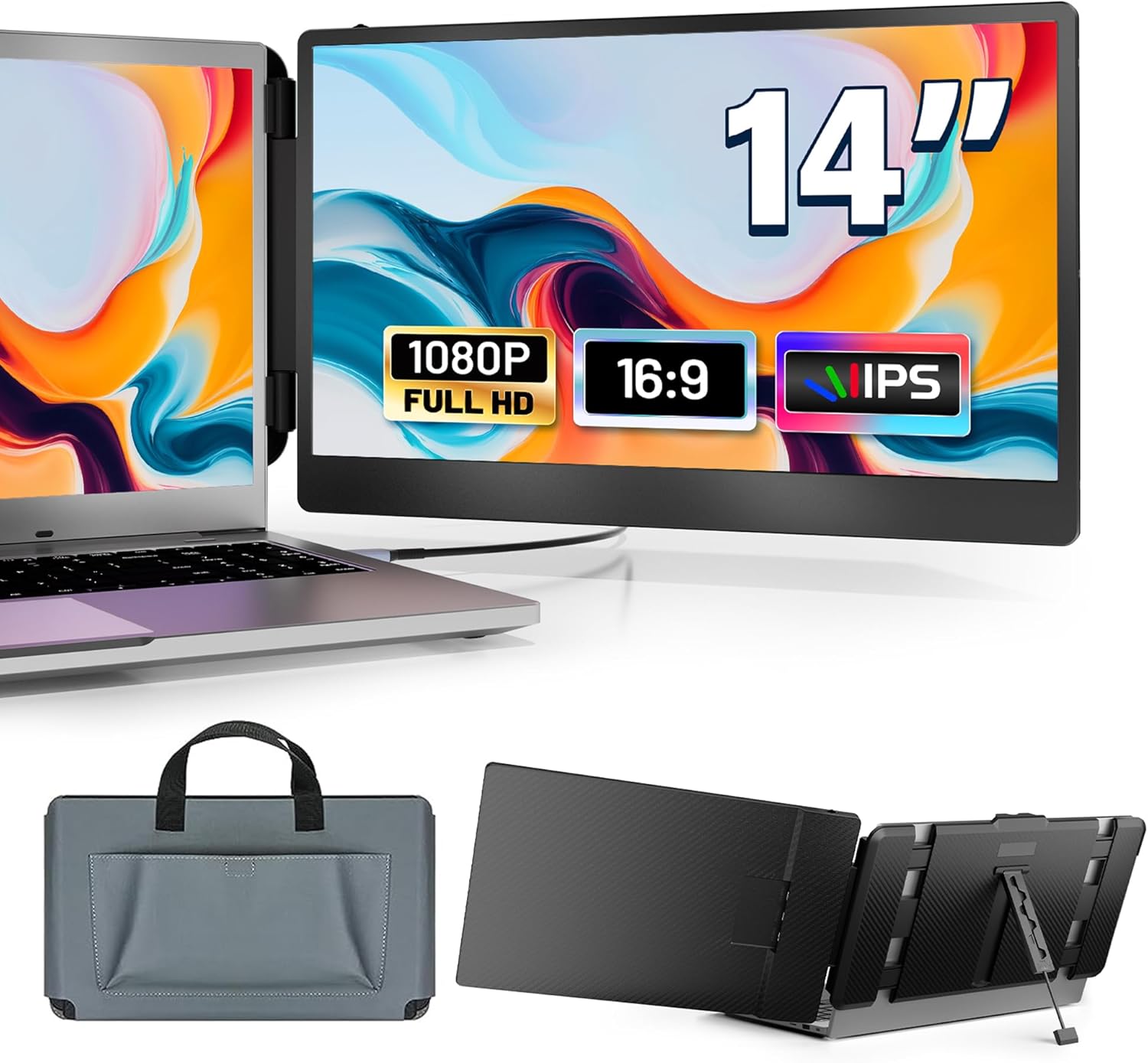 domyfan 14' Laptop Monitor Extender, FHD 1080P IPS Dual Laptop Screen Extender, HDMI/USB-A/Type-C Plug and Play for Windows, Mac, Chrome, Android, Xbox, Switch, PS5, Work with 13.3'-17' Laptops